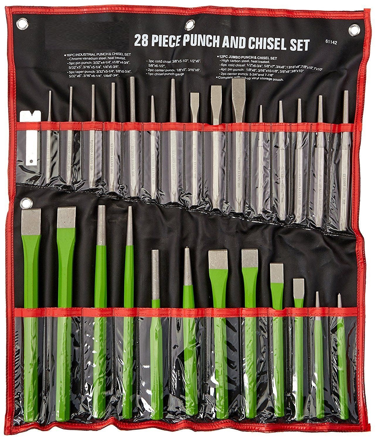 28 PC punch and chisel set with roll-up storage case
Heavy-duty tool kit with cold chisels and punches
Full punch and chisel tool set for auto and metalwork use