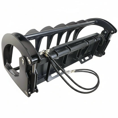 Front view of 72" grapple rake

84" skid steer root grapple in action

Dual hydraulic cylinders close-up

Grapple rake with wide jaw opening

Teeth and frame detail