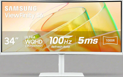 Front view of Samsung 34" ViewFinity Ultra-WQHD Curved Monitor

1000R curve design showing ergonomic immersion

Thunderbolt 4 and USB hub connectivity setup

Side view showing ports and adjustable stand

Productivity setup using ultra-wide Samsung curved monitor