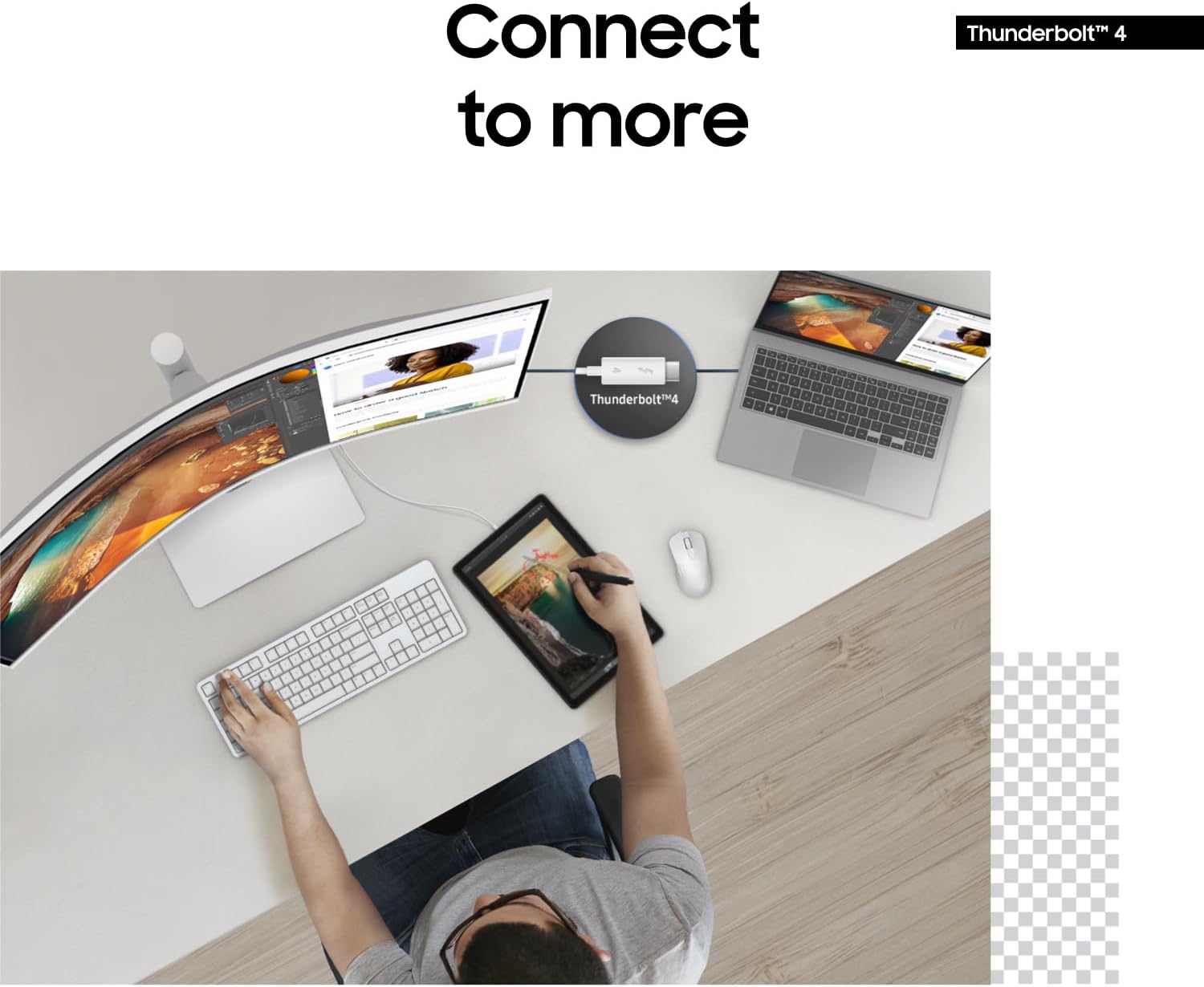 Front view of Samsung 34" ViewFinity Ultra-WQHD Curved Monitor

1000R curve design showing ergonomic immersion

Thunderbolt 4 and USB hub connectivity setup

Side view showing ports and adjustable stand

Productivity setup using ultra-wide Samsung curved monitor