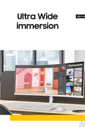 Front view of Samsung 34" ViewFinity Ultra-WQHD Curved Monitor

1000R curve design showing ergonomic immersion

Thunderbolt 4 and USB hub connectivity setup

Side view showing ports and adjustable stand

Productivity setup using ultra-wide Samsung curved monitor