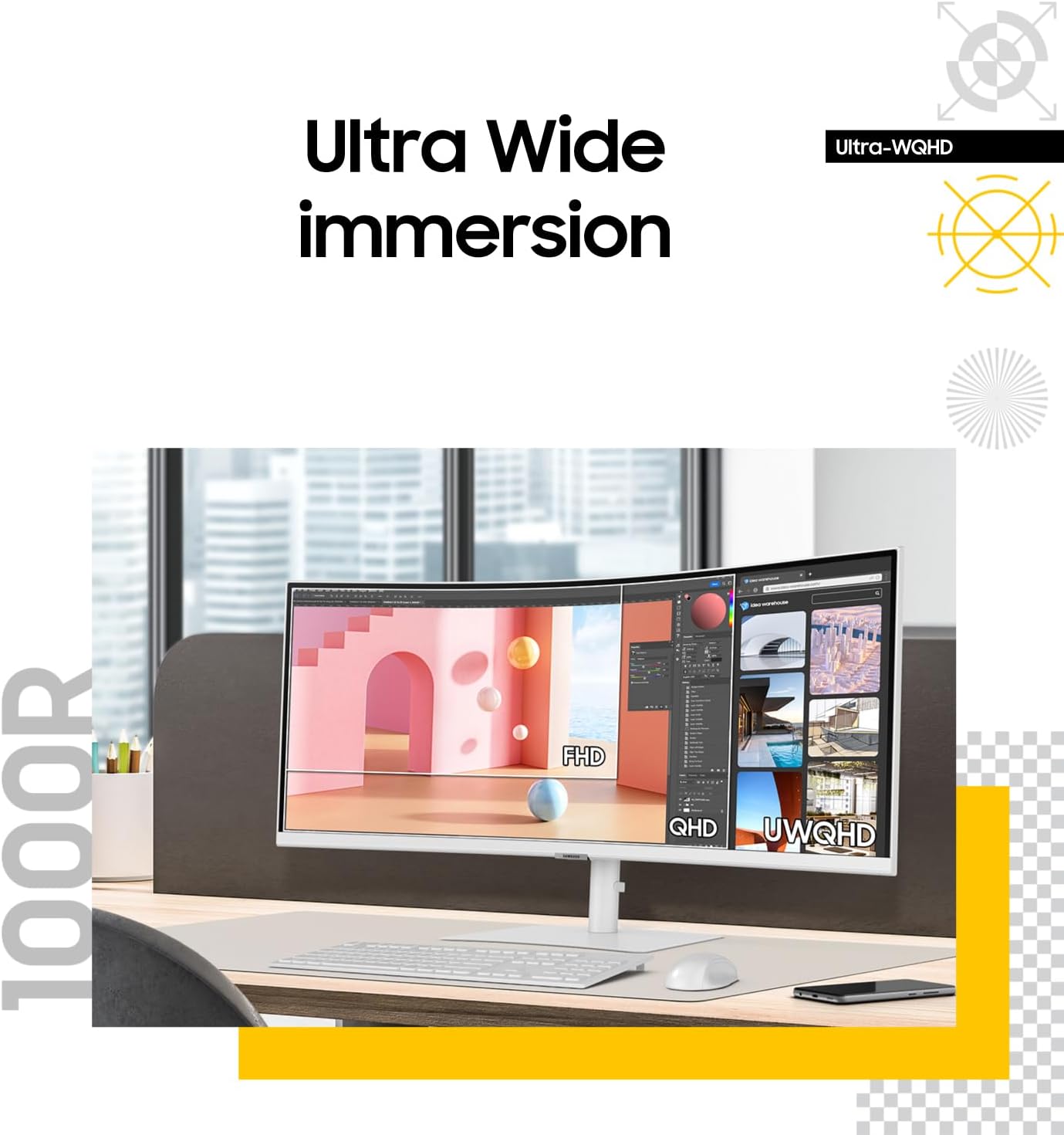 Front view of Samsung 34" ViewFinity Ultra-WQHD Curved Monitor

1000R curve design showing ergonomic immersion

Thunderbolt 4 and USB hub connectivity setup

Side view showing ports and adjustable stand

Productivity setup using ultra-wide Samsung curved monitor