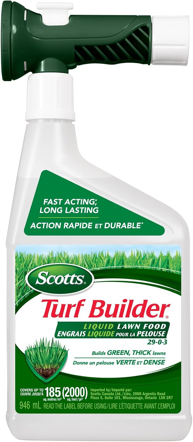 Scotts Turf Builder Liquid Lawn Fertilizer 29-0-3 – 946 mL Ready-to-Spray Hose-End Lawn Food for Established Grass, Fast Greening, Covers 2,000 Sq. Ft. - Garden & Landscaping with | Sold by Uncle Wiener's Wholesale