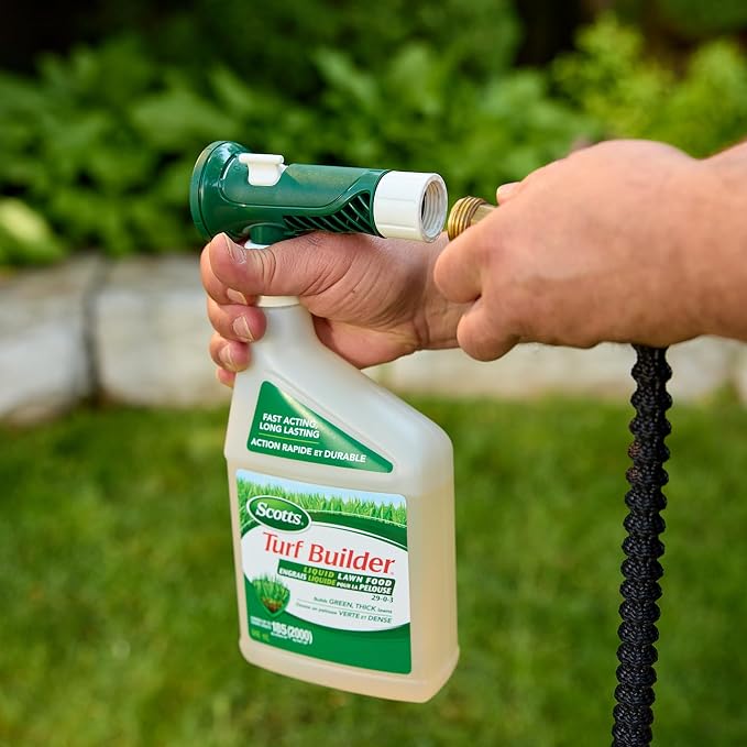 Scotts Turf Builder Liquid Lawn Fertilizer 29-0-3 – 946 mL Ready-to-Spray Hose-End Lawn Food for Established Grass, Fast Greening, Covers 2,000 Sq. Ft. - Garden & Landscaping with | Sold by Uncle Wiener's Wholesale