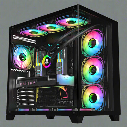 Sea View Promax ATX RGB case with front fans and glass panel
Side view of RGB case with clear tempered glass panel
Top-down view of Promax RGB chassis with fan mounts
Back panel and cable management ports of RGB gaming case
Front I/O panel close-up with USB and audio ports