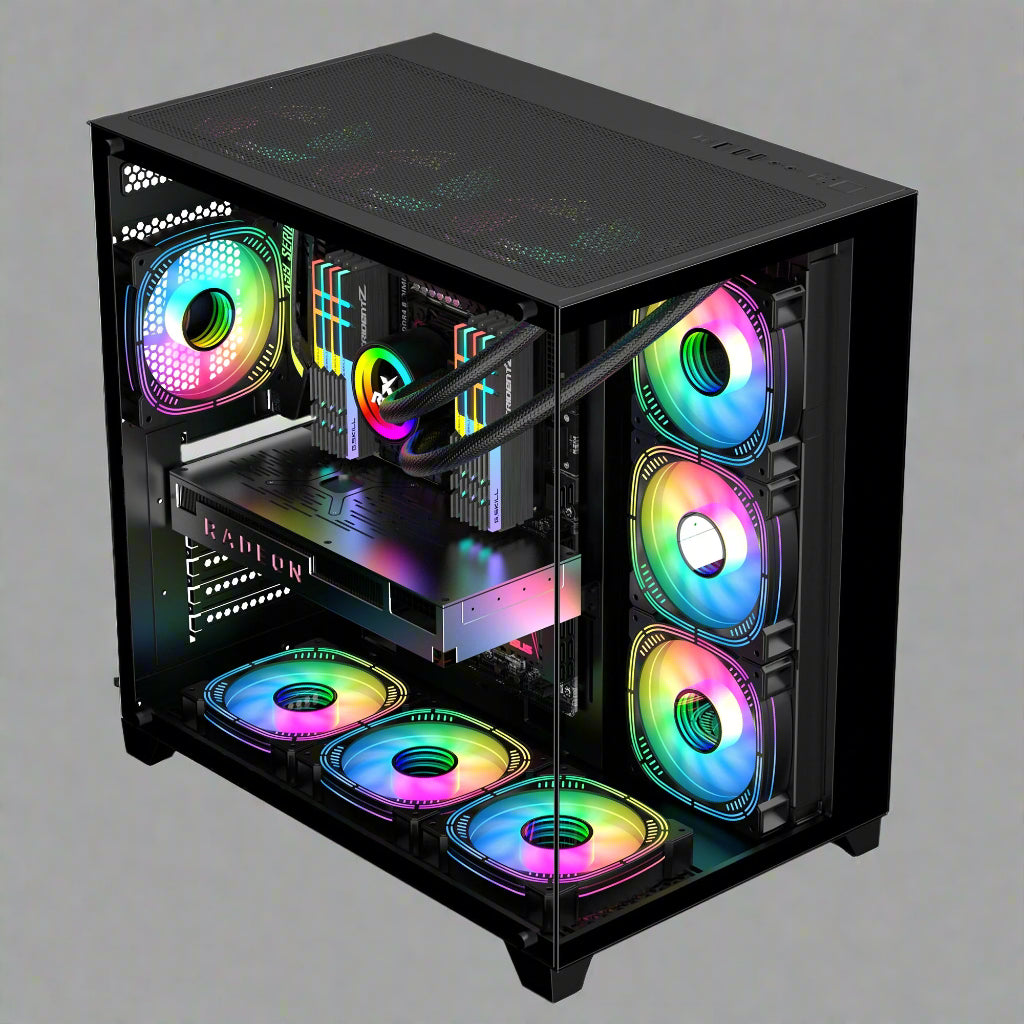 Sea View Promax ATX RGB case with front fans and glass panel
Side view of RGB case with clear tempered glass panel
Top-down view of Promax RGB chassis with fan mounts
Back panel and cable management ports of RGB gaming case
Front I/O panel close-up with USB and audio ports