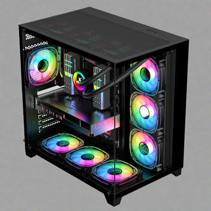 Sea View Promax ATX RGB case with front fans and glass panel
Side view of RGB case with clear tempered glass panel
Top-down view of Promax RGB chassis with fan mounts
Back panel and cable management ports of RGB gaming case
Front I/O panel close-up with USB and audio ports