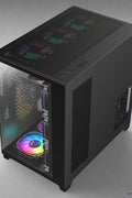 Sea View Promax ATX RGB case with front fans and glass panel
Side view of RGB case with clear tempered glass panel
Top-down view of Promax RGB chassis with fan mounts
Back panel and cable management ports of RGB gaming case
Front I/O panel close-up with USB and audio ports