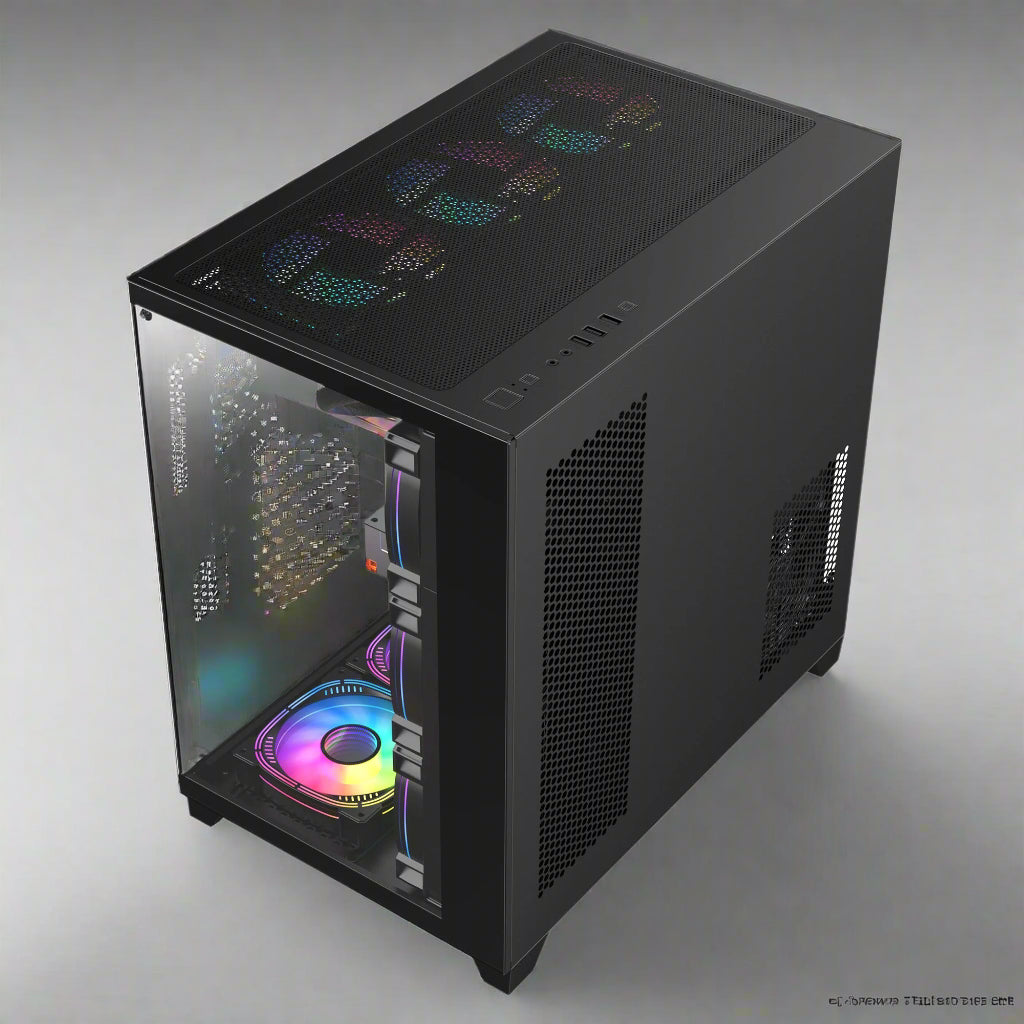 Sea View Promax ATX RGB case with front fans and glass panel
Side view of RGB case with clear tempered glass panel
Top-down view of Promax RGB chassis with fan mounts
Back panel and cable management ports of RGB gaming case
Front I/O panel close-up with USB and audio ports