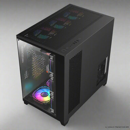 Sea View Promax ATX RGB case with front fans and glass panel
Side view of RGB case with clear tempered glass panel
Top-down view of Promax RGB chassis with fan mounts
Back panel and cable management ports of RGB gaming case
Front I/O panel close-up with USB and audio ports