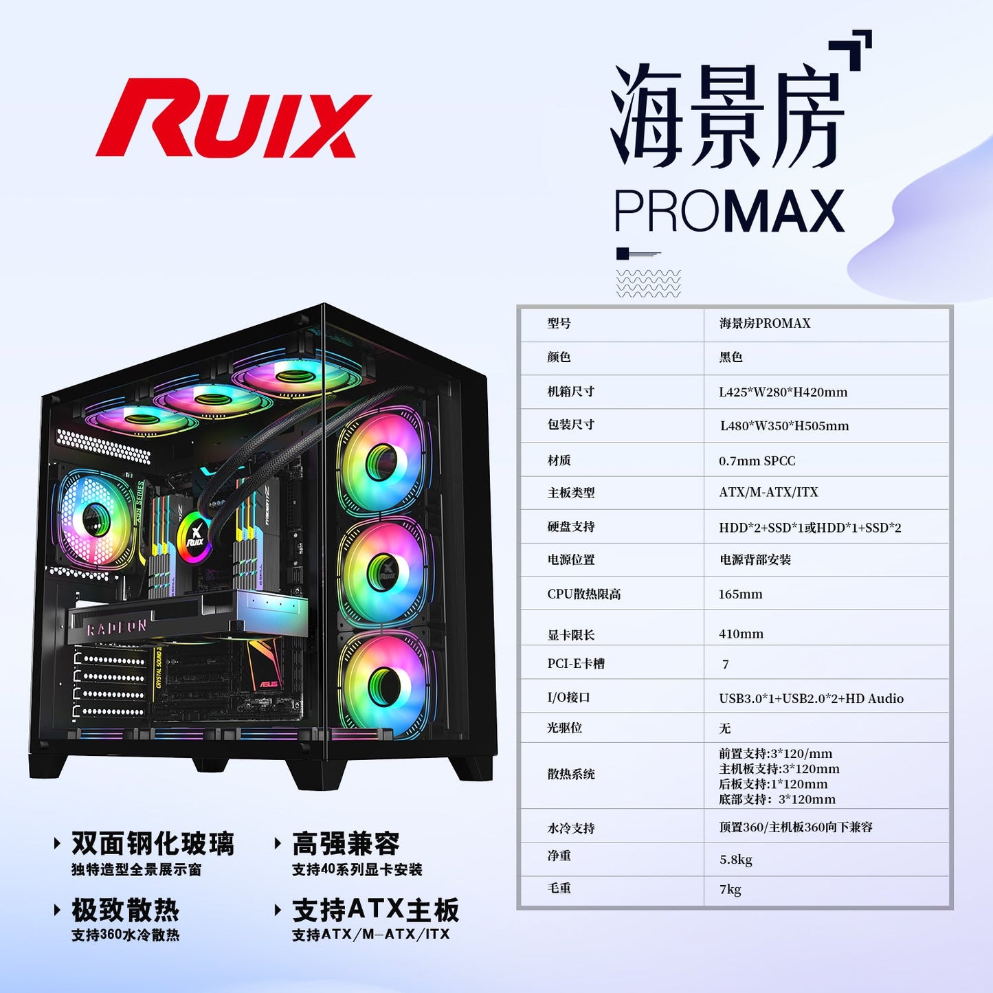 Sea View Promax ATX RGB case with front fans and glass panel
Side view of RGB case with clear tempered glass panel
Top-down view of Promax RGB chassis with fan mounts
Back panel and cable management ports of RGB gaming case
Front I/O panel close-up with USB and audio ports