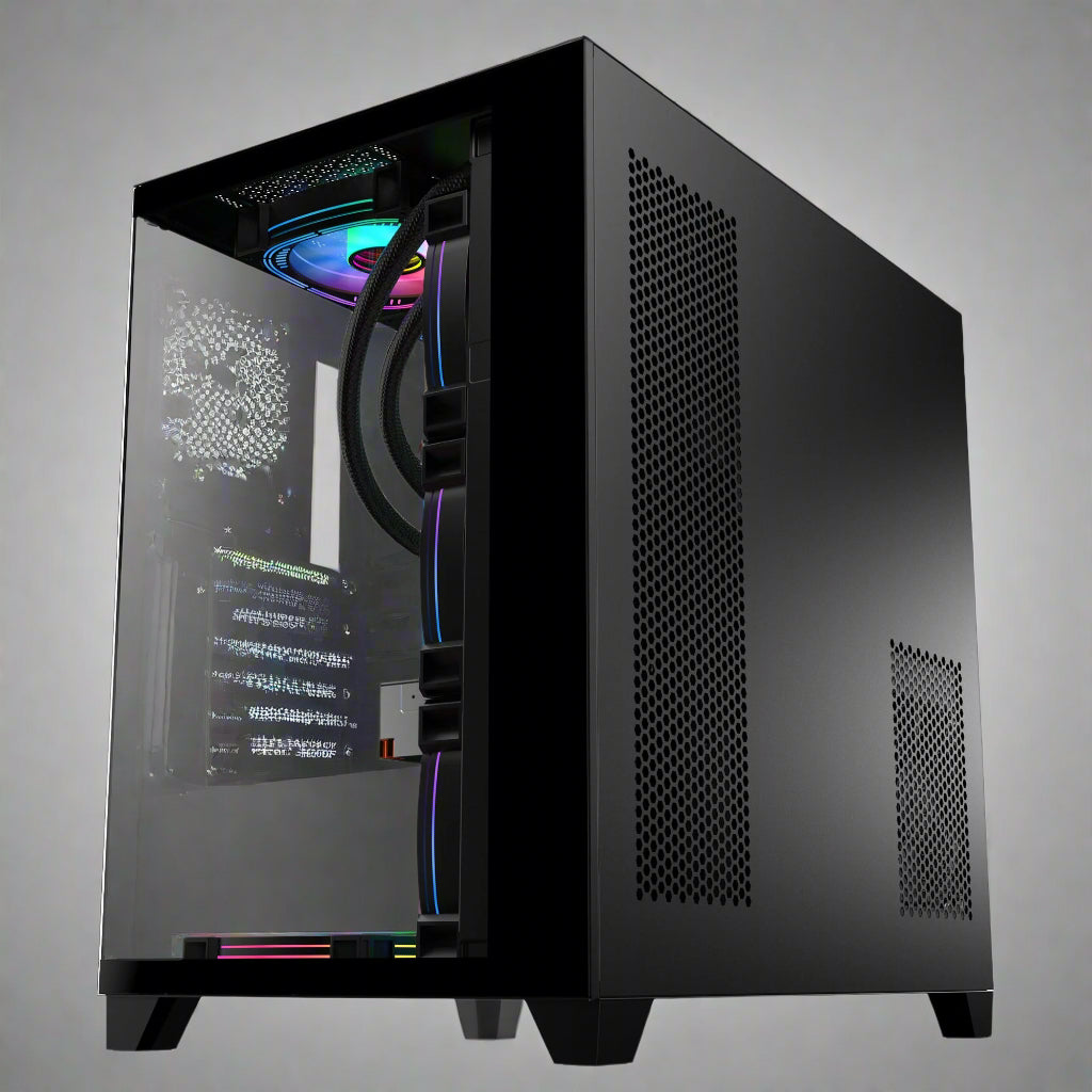 Sea View Promax ATX RGB case with front fans and glass panel
Side view of RGB case with clear tempered glass panel
Top-down view of Promax RGB chassis with fan mounts
Back panel and cable management ports of RGB gaming case
Front I/O panel close-up with USB and audio ports