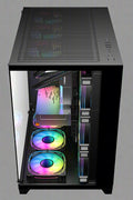 Sea View Promax ATX RGB case with front fans and glass panel
Side view of RGB case with clear tempered glass panel
Top-down view of Promax RGB chassis with fan mounts
Back panel and cable management ports of RGB gaming case
Front I/O panel close-up with USB and audio ports