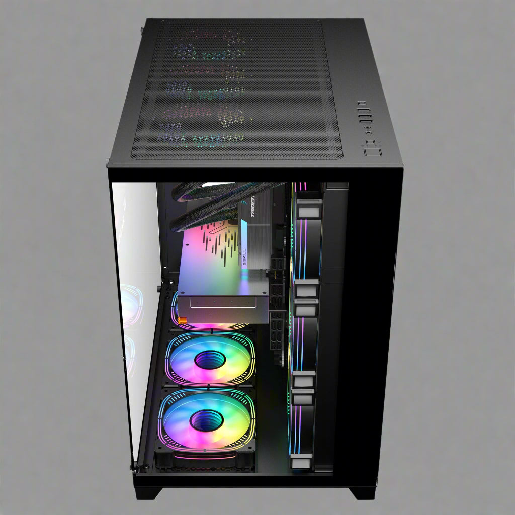 Sea View Promax ATX RGB case with front fans and glass panel
Side view of RGB case with clear tempered glass panel
Top-down view of Promax RGB chassis with fan mounts
Back panel and cable management ports of RGB gaming case
Front I/O panel close-up with USB and audio ports