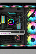 Sea View Promax ATX RGB case with front fans and glass panel
Side view of RGB case with clear tempered glass panel
Top-down view of Promax RGB chassis with fan mounts
Back panel and cable management ports of RGB gaming case
Front I/O panel close-up with USB and audio ports