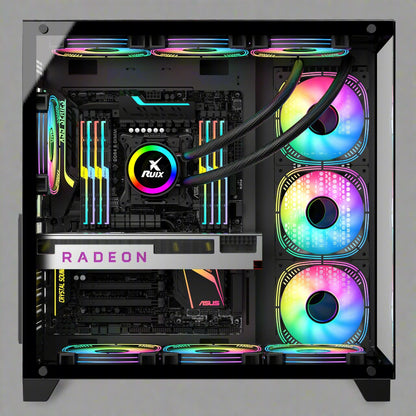 Sea View Promax ATX RGB case with front fans and glass panel
Side view of RGB case with clear tempered glass panel
Top-down view of Promax RGB chassis with fan mounts
Back panel and cable management ports of RGB gaming case
Front I/O panel close-up with USB and audio ports