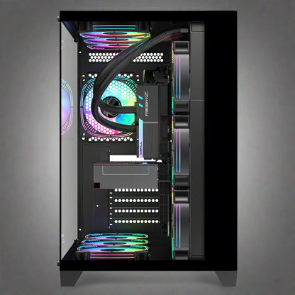 Sea View Promax ATX RGB case with front fans and glass panel
Side view of RGB case with clear tempered glass panel
Top-down view of Promax RGB chassis with fan mounts
Back panel and cable management ports of RGB gaming case
Front I/O panel close-up with USB and audio ports