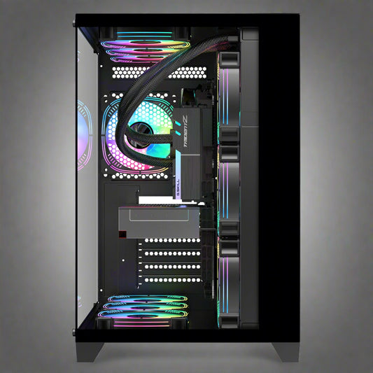 Sea View Promax ATX RGB case with front fans and glass panel
Side view of RGB case with clear tempered glass panel
Top-down view of Promax RGB chassis with fan mounts
Back panel and cable management ports of RGB gaming case
Front I/O panel close-up with USB and audio ports