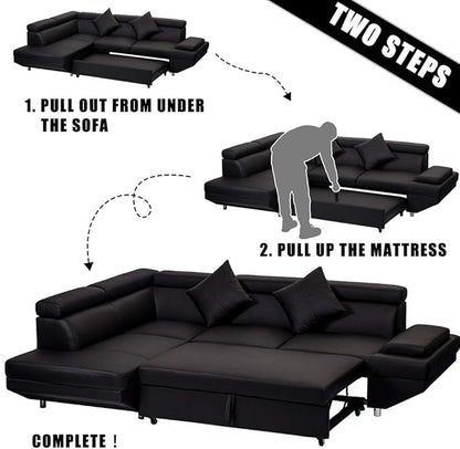 Sectional Sleeper Sofa Faux Leather Corner Couch with Pull Out Bed Modern 2 Piece AMU95R - with | Sold by Uncle Wiener's Wholesale