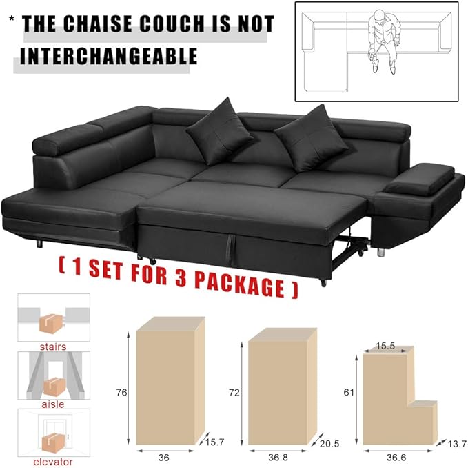 Sectional Sleeper Sofa Faux Leather Corner Couch with Pull Out Bed Modern 2 Piece AMU95R - with | Sold by Uncle Wiener's Wholesale