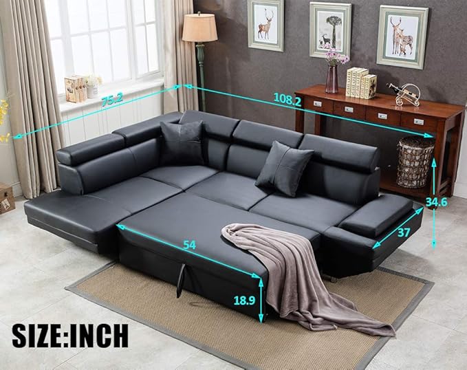 Sectional Sleeper Sofa Faux Leather Corner Couch with Pull Out Bed Modern 2 Piece AMU95R - with | Sold by Uncle Wiener's Wholesale
