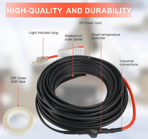 Self - Regulating Pipe Heating Cable with Thermostat – 60 FT & 100 FT Heat Tape, 120V - with 60 FT Pipe | Sold by Uncle Wiener's Wholesale