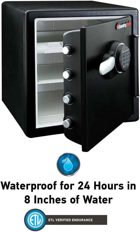 SentrySafe Fireproof and Waterproof Steel Home Safe with Keypad, Floor Safe with Interior Lighting and Shelves, 1.23 Cubic Feet, 17.8 x 16.3 x 19.3 Inches, SFW123FUL - with black | Sold by Uncle Wiener's Wholesale
