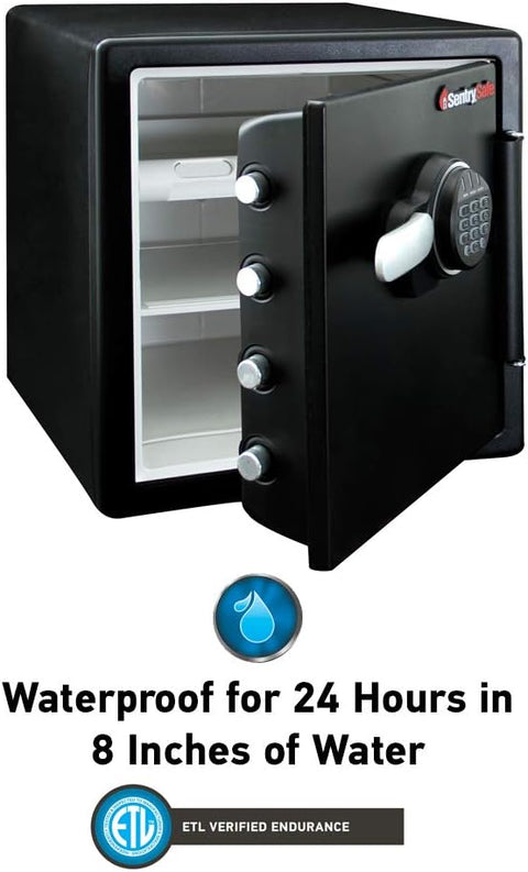 SentrySafe Fireproof and Waterproof Steel Home Safe with Keypad, Floor Safe with Interior Lighting and Shelves, 1.23 Cubic Feet, 17.8 x 16.3 x 19.3 Inches, SFW123FUL - with black | Sold by Uncle Wiener's Wholesale