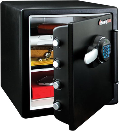 SentrySafe Fireproof and Waterproof Steel Home Safe with Keypad, Floor Safe with Interior Lighting and Shelves, 1.23 Cubic Feet, 17.8 x 16.3 x 19.3 Inches, SFW123FUL - with black | Sold by Uncle Wiener's Wholesale