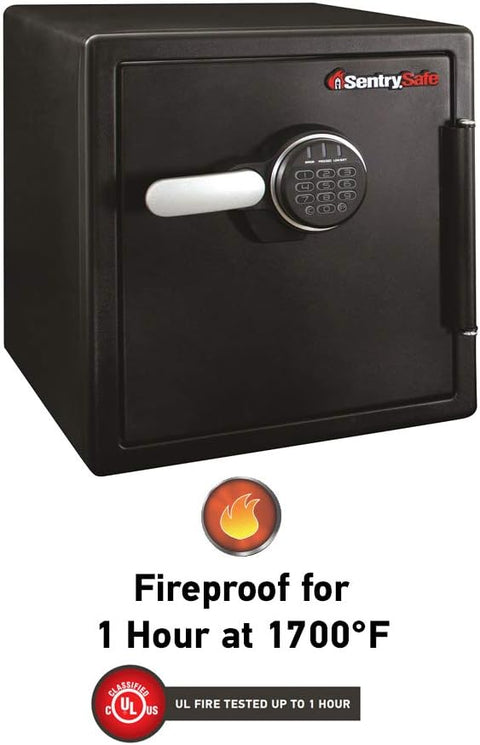 SentrySafe Fireproof and Waterproof Steel Home Safe with Keypad, Floor Safe with Interior Lighting and Shelves, 1.23 Cubic Feet, 17.8 x 16.3 x 19.3 Inches, SFW123FUL - with black | Sold by Uncle Wiener's Wholesale