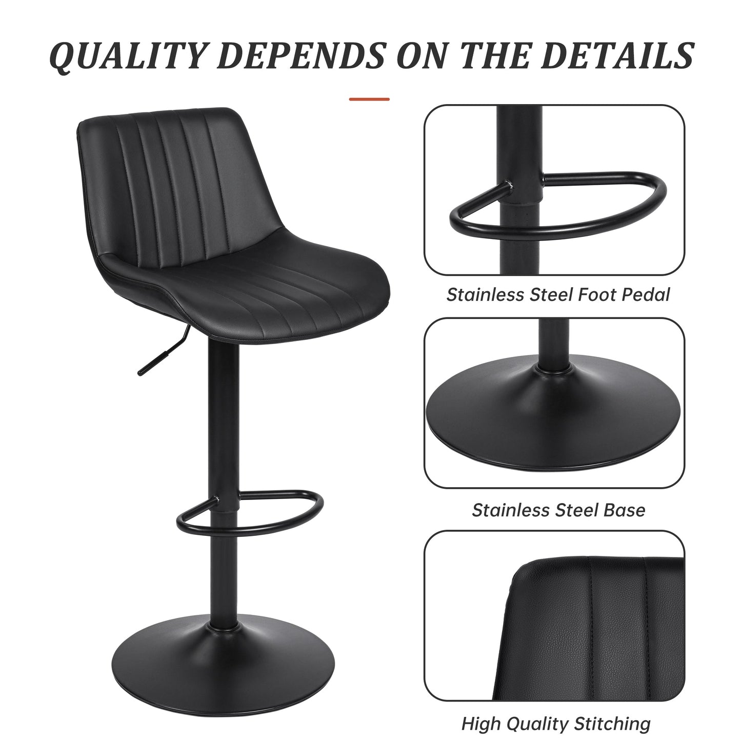 Set of (2) Adjustable Swivel Bar Stools 35"–43" PU Leather Counter Chairs Black Brown - with Black | Sold by Uncle Wiener's Wholesale