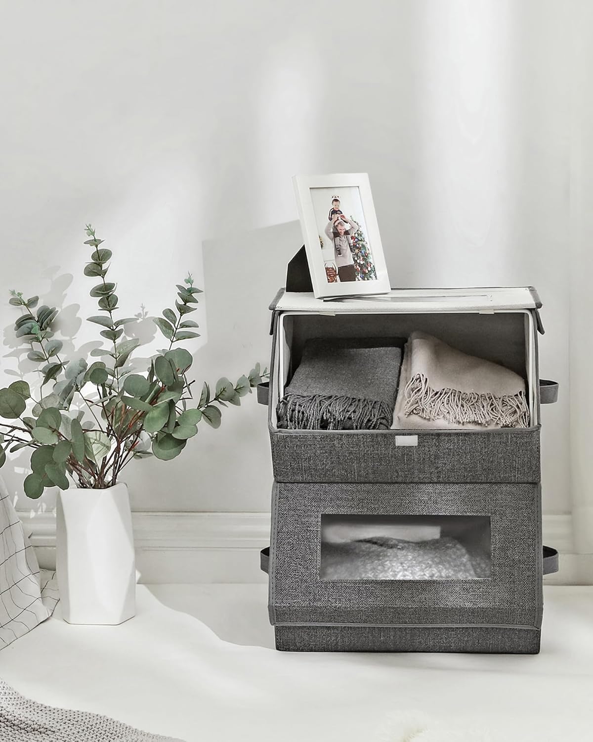 Set of 2 Stackable Fabric Storage Bins with Clear Window, Magnetic Lid and Side Handles, Closet Organizer Boxes Slate Gray and Summer Sand RPLB02G - with | Sold by Uncle Wiener's Wholesale