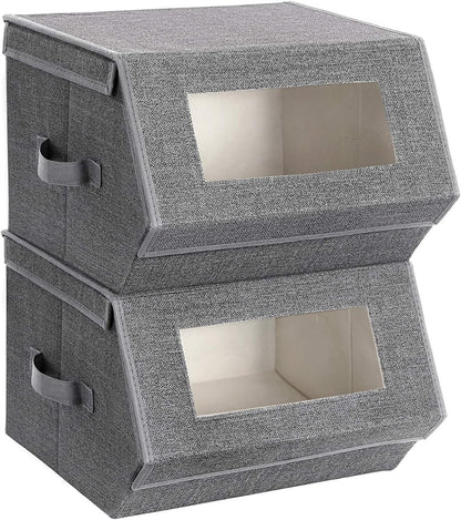 Set of 2 Stackable Fabric Storage Bins with Clear Window, Magnetic Lid and Side Handles, Closet Organizer Boxes Slate Gray and Summer Sand RPLB02G - with | Sold by Uncle Wiener's Wholesale