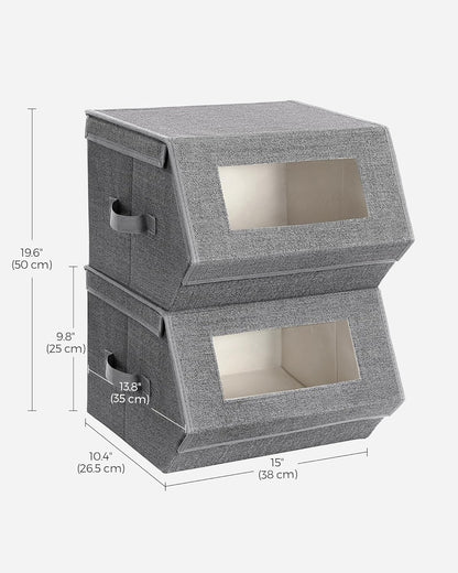 Set of 2 Stackable Fabric Storage Bins with Clear Window, Magnetic Lid and Side Handles, Closet Organizer Boxes Slate Gray and Summer Sand RPLB02G - with | Sold by Uncle Wiener's Wholesale