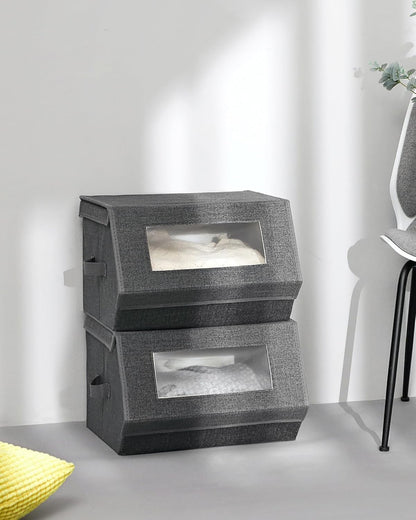 Set of 2 Stackable Fabric Storage Bins with Clear Window, Magnetic Lid and Side Handles, Closet Organizer Boxes Slate Gray and Summer Sand RPLB02G - with | Sold by Uncle Wiener's Wholesale