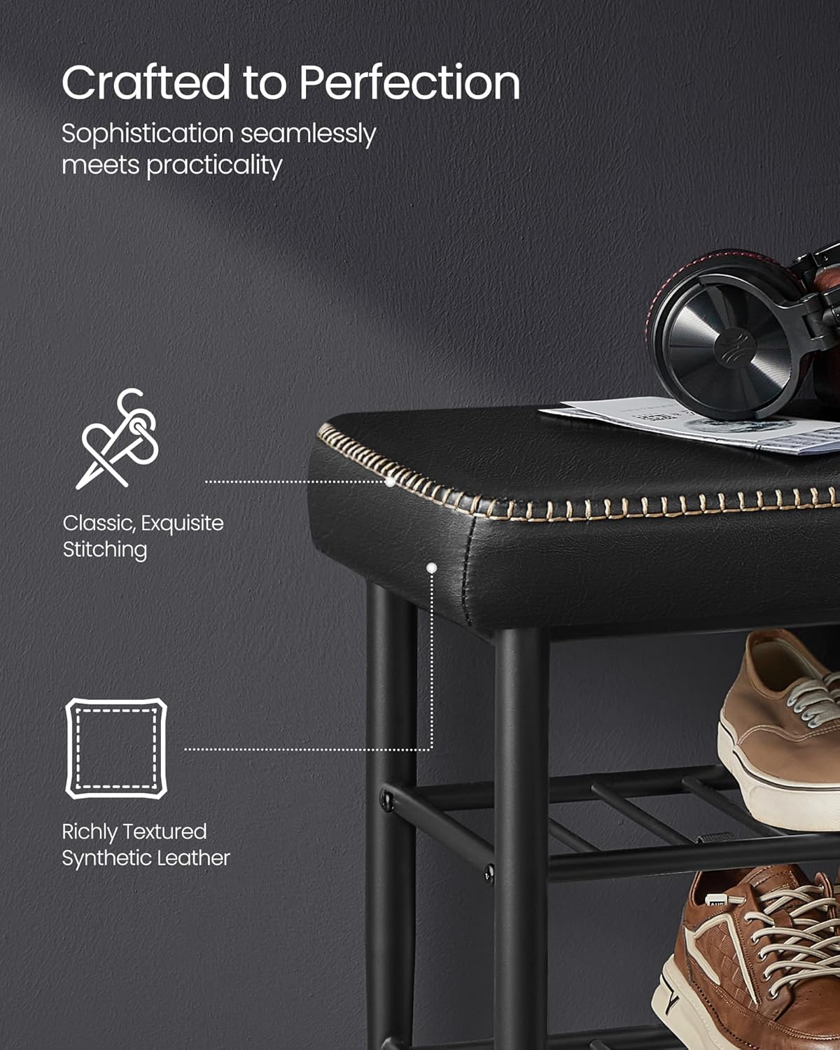 Shoe Rack Bench with Cushioned Seat, 3 Tier Shoe Storage Bench for Entryway, Mid Century Modern Entryway Bench with Synthetic Leather Seat Ink Black LSB054BH01 - with | Sold by Uncle Wiener's Wholesale