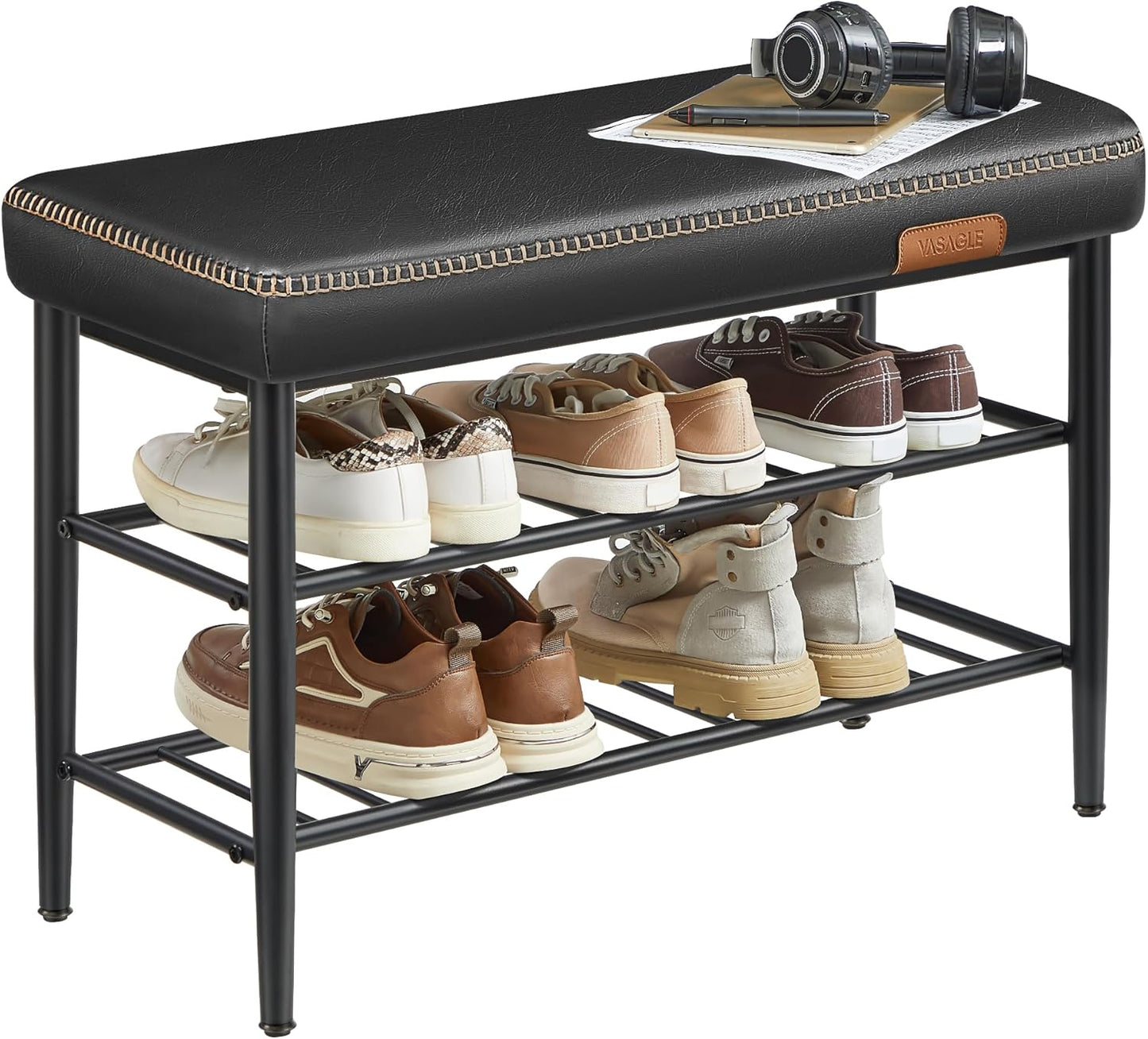 Shoe Rack Bench with Cushioned Seat, 3 Tier Shoe Storage Bench for Entryway, Mid Century Modern Entryway Bench with Synthetic Leather Seat Ink Black LSB054BH01 - with | Sold by Uncle Wiener's Wholesale