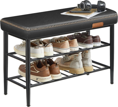 Shoe Rack Bench with Cushioned Seat, 3 Tier Shoe Storage Bench for Entryway, Mid Century Modern Entryway Bench with Synthetic Leather Seat Ink Black LSB054BH01 - with | Sold by Uncle Wiener's Wholesale