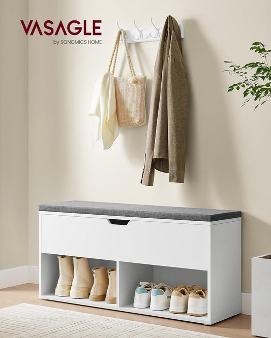 Shoe Storage Bench with Cushion Seat, Entryway Shoe Rack Organizer with Hidden Storage Compartment and Open Shelves White and Gray LHS021W01 - with | Sold by Uncle Wiener's Wholesale