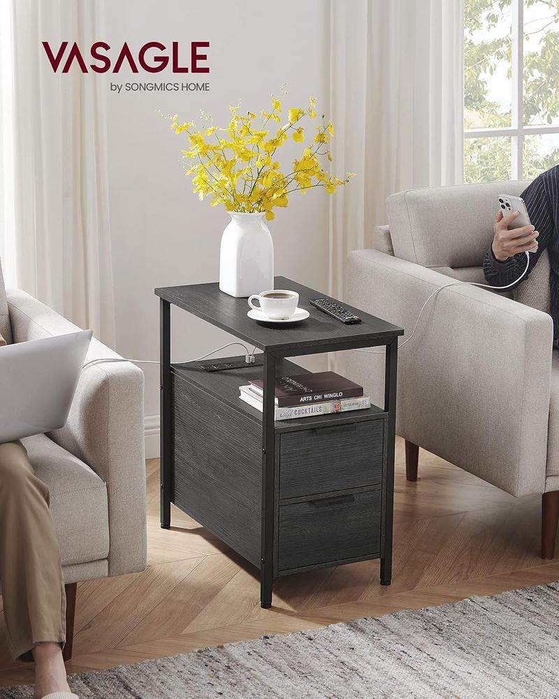 Side End Table with Charging Station, Slim Nightstand with 2 Drawers and Storage Shelves for Living Room and Bedroom Charcoal Gray and Ink Black LET321B22 - with | Sold by Uncle Wiener's Wholesale
