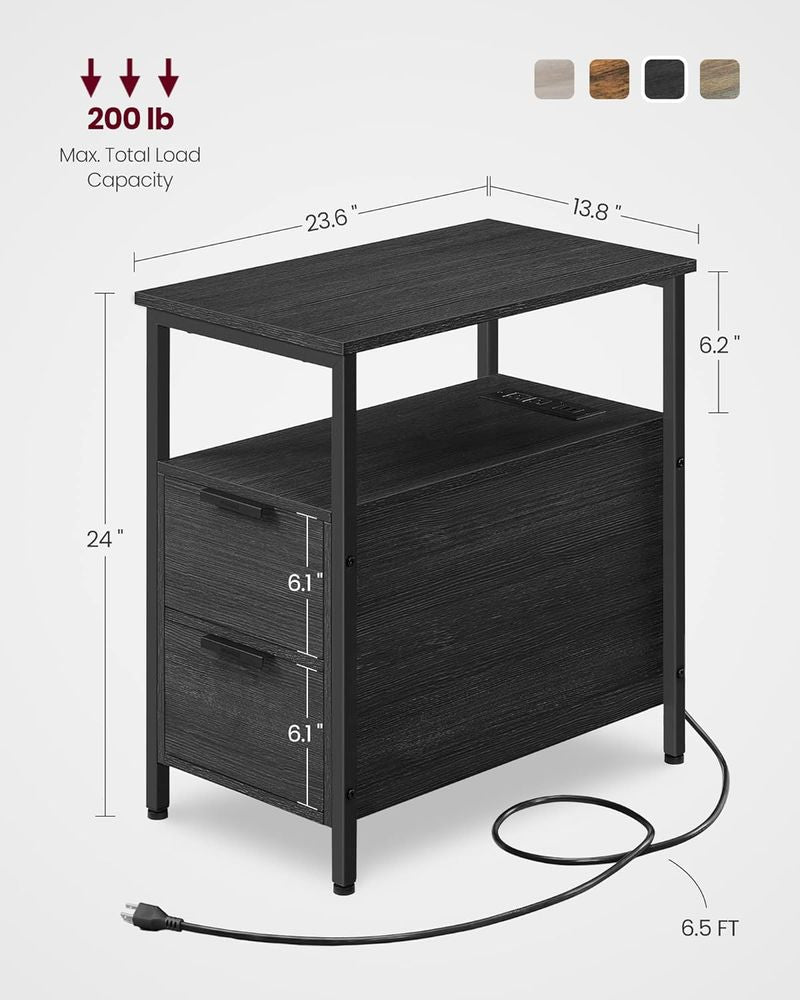 Side End Table with Charging Station, Slim Nightstand with 2 Drawers and Storage Shelves for Living Room and Bedroom Charcoal Gray and Ink Black LET321B22 - with | Sold by Uncle Wiener's Wholesale