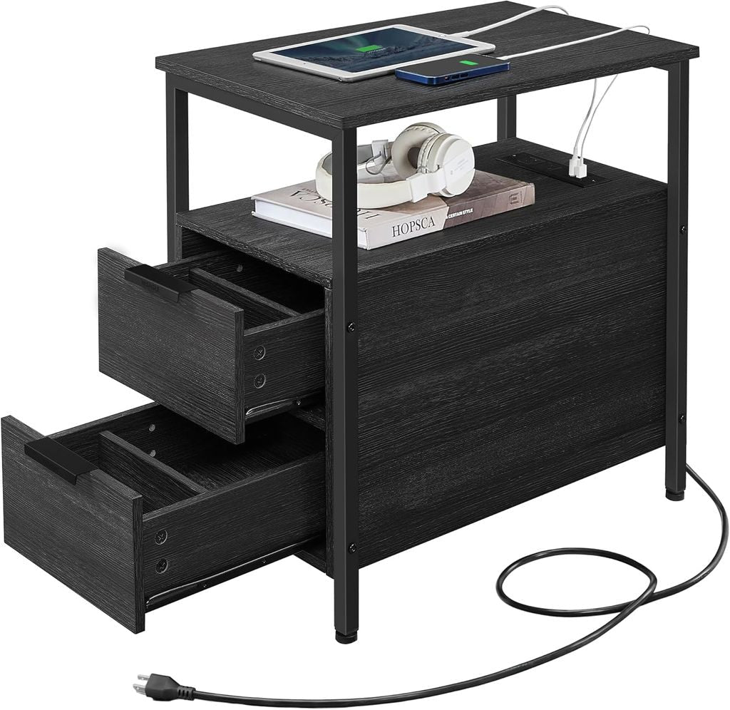 Side End Table with Charging Station, Slim Nightstand with 2 Drawers and Storage Shelves for Living Room and Bedroom Charcoal Gray and Ink Black LET321B22 - with | Sold by Uncle Wiener's Wholesale