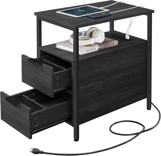 Side End Table with Charging Station, Slim Nightstand with 2 Drawers and Storage Shelves for Living Room and Bedroom Charcoal Gray and Ink Black LET321B22 - with | Sold by Uncle Wiener's Wholesale