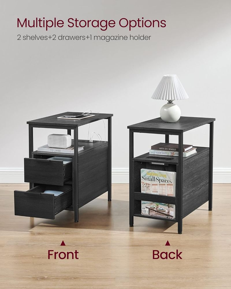 Side End Table with Charging Station, Slim Nightstand with 2 Drawers and Storage Shelves for Living Room and Bedroom Charcoal Gray and Ink Black LET321B22 - with | Sold by Uncle Wiener's Wholesale