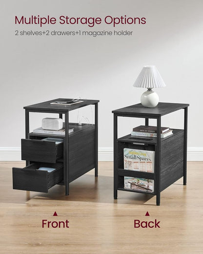 Side End Table with Charging Station, Slim Nightstand with 2 Drawers and Storage Shelves for Living Room and Bedroom Charcoal Gray and Ink Black LET321B22 - with | Sold by Uncle Wiener's Wholesale