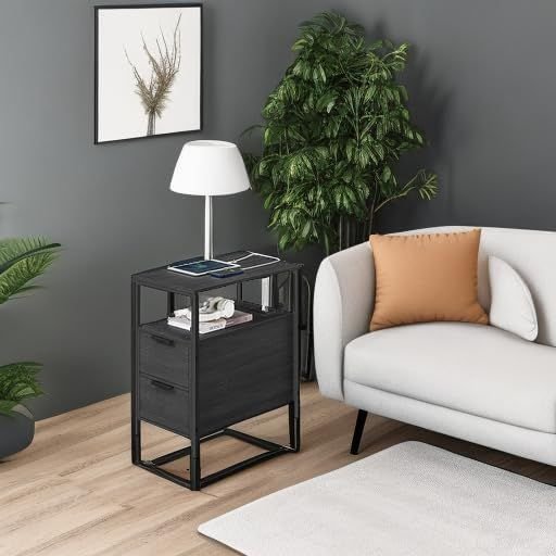 Side End Table with Charging Station, Slim Nightstand with 2 Drawers and Storage Shelves for Living Room and Bedroom Charcoal Gray and Ink Black LET321B22 - with | Sold by Uncle Wiener's Wholesale