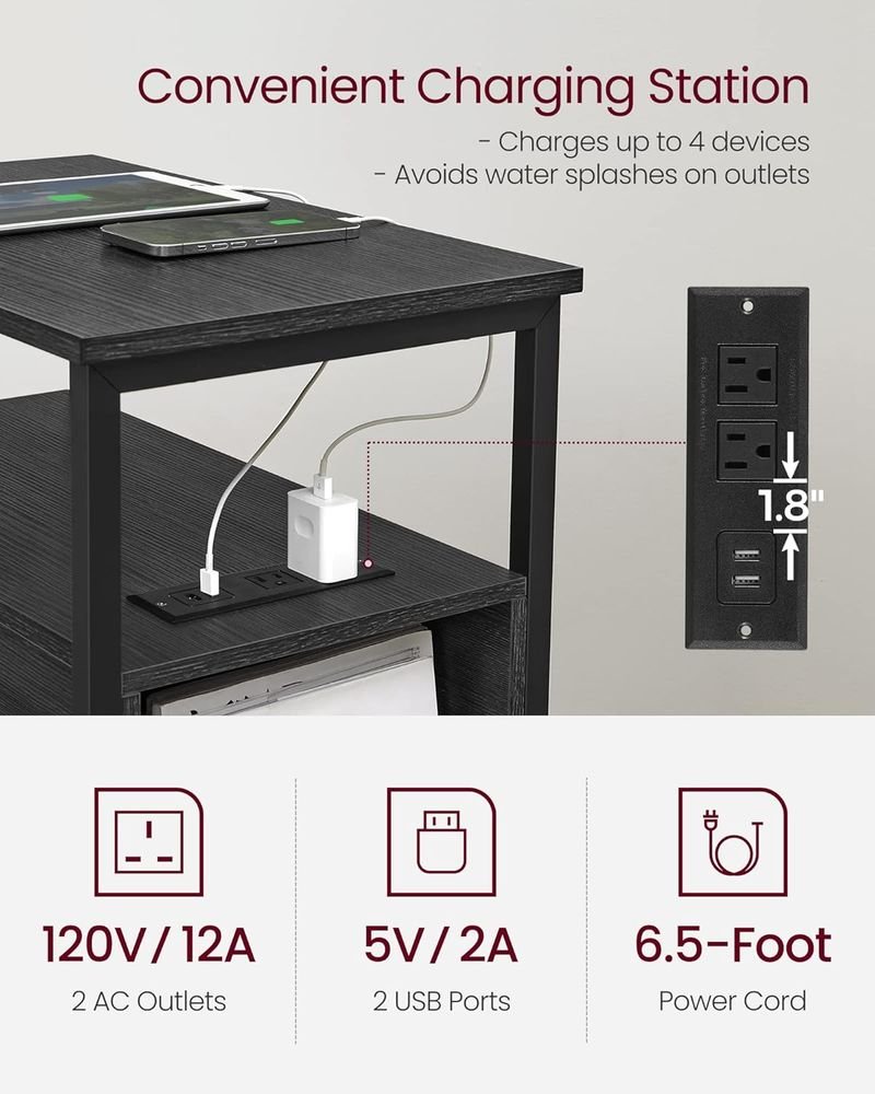 Side End Table with Charging Station, Slim Nightstand with 2 Drawers and Storage Shelves for Living Room and Bedroom Charcoal Gray and Ink Black LET321B22 - with | Sold by Uncle Wiener's Wholesale
