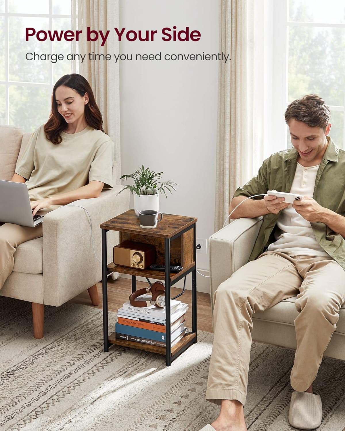 Side Table with Charging Station, 3 Tier End Table with USB Ports, Power Outlets and Storage Shelves for Living Room and Bedroom LET373B01 - with | Sold by Uncle Wiener's Wholesale