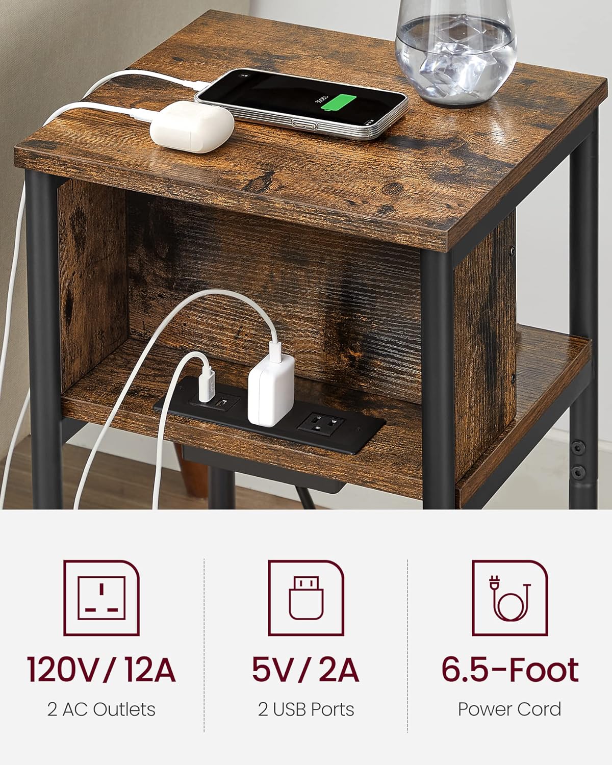 Side Table with Charging Station, 3 Tier End Table with USB Ports, Power Outlets and Storage Shelves for Living Room and Bedroom LET373B01 - with | Sold by Uncle Wiener's Wholesale