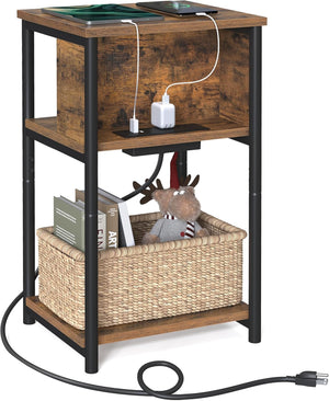 Side Table with Charging Station, 3 Tier End Table with USB Ports, Power Outlets and Storage Shelves for Living Room and Bedroom LET373B01